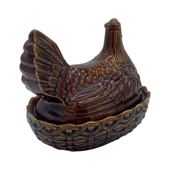 Vintage Portmeirion (?) Ceramic Hen on Nest w/2 Chicks Size 3-Medium MCM Brown - Picture 6 of 13